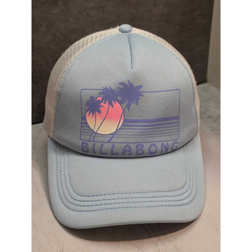 Billabong Mens Light Blue Palm Tree Sunset Graphic Mesh Trucker Hat Snapback